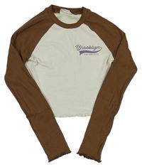 Smetanovo-hnedé rebrované crop tričko s nápismi zn. H&M