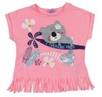 Neónově ružové melírované tričko s medvedíkom a flitrami a strapcemi Kiki&Koko