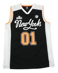 Čierno-bielo-kriklavoě oranžové športové basketbalové tielko s nápisom a číslom a loptou H&M