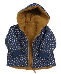 Tmavomodrá prešívaná šušťáková zimná obojstranná bunda s kvietkami a kapucňou noppies