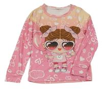 Ružovo-broskvové rebrované tričko s dívkou a srdiečkami SHEIN