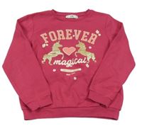 Malinová mikina s nápismi a jednorožcami C&A