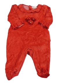 Červený zamatový overal s 3D kvety a korálkami a kamienkami a volánikmi MINTINI BABY