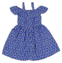 Cobaltově modro-bílé vzorované šaty s knoflíky a volánky a volnými rameny Next