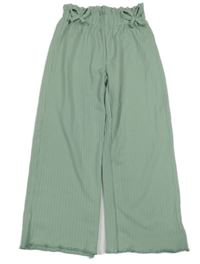 Olivovošedé rebrované široké paper bag nohavice s mašľami SHEIN