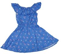 Zvonkově modré šaty s palmami a volánikom Y.F.K.