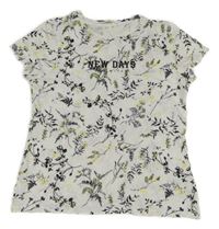 Biele crop tričko s rozkvetlými větvičkami a nápismi H&M