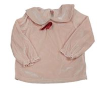 Ružové zamatové tričko s golierikom a mašlou Shein