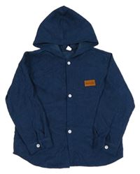 Tmavomodrá žebrovaná košile s nášivkou a kapucí Shein