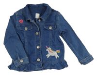 Modrá tepláková rifľová bunda s jednorožcom Bluezoo