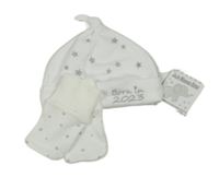 2set - Bílá bavlněná čepice s hvězdami + smetanové rukavičky s hvězdami