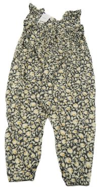 Nové - Antracitový květovaný bavlněný kalhotový overal s volánky Next