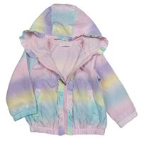 Ružovo-farebná šušťáková jarná bunda s volánikmi a kapucňou