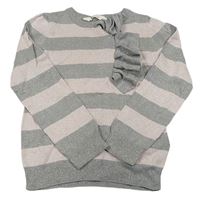 Sivo-ružový ľahký pruhovaný sveter s volánikom zn. H&M