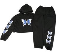2 set - Černá crop mikina s motýlkem a kapucí + tepláky s motýlky shein