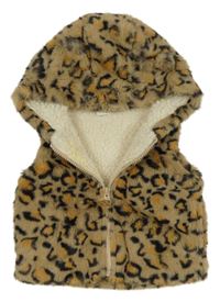 Hnedá leopardí kožušinová zateplená vesta s kapucňou