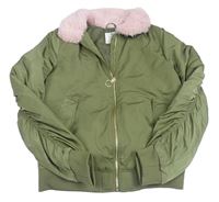 Khaki šusťákový zimní bomber s kožešinou H&M