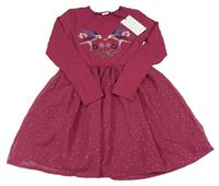 Nové - Vínové šaty s ptáčky a tylovou třpytivou sukní Name it