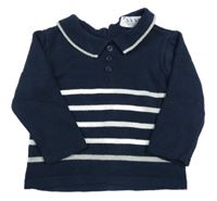 Tmavomodro-sivý pruhovaný sveter s golierikom