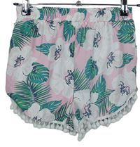 Dámske bielo-ružovo-zelené kvetované kraťasy s bambulkami zn. MissGuided