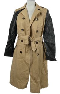 Dámský béžovo-černý plátěno/koženkový jarní kabát s páskem F&F