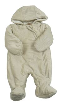 Béžová pruhovaná zamatová zateplená kombinéza s kapucňou