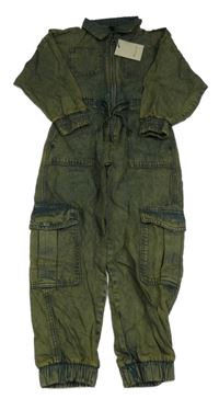 Nové - Modro-zelený riflový kalhotový overal s kapsami
