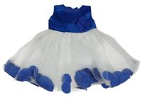 Modro-bílé tylové slavnostní šaty s květinou 