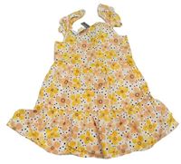 Bielo-oranžovo-žlté kvetované plátenné šaty Primark