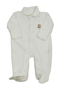 Biely zamatový rebrovaný overal s medvedíkom a golierikom George