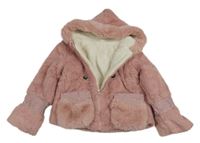 Růžový kožešinový zateplený kabátek s perličkami a kapucí 