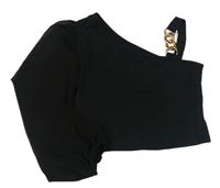 Čierne crop asymetrické tričko so zlatým řetězem a šifónovým rukávom SHEIN