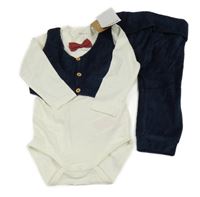 Nové - 2set - Smotanové body s vestou + motýlkem + zamatové rebrované nohavice Name it