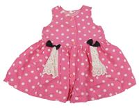 Ružovo-biele bodkovaná é plátenné šaty s madeirovými volániky