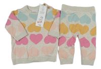 Nové - 2Set - Světlešedobéžový sveter s farebnými srdíčky + pletené nohavice F&F