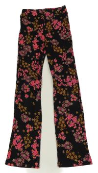 Černo-růžové květované žebrované flare kalhoty Desigual