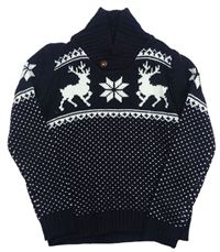 Tmavomodrý sveter s norským vzorom a jeleňmi Rebel