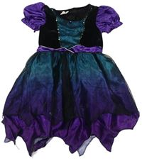 Kostým - Fialovo-černo-modré saténové halloweenské šaty