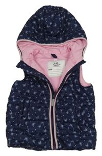 Tmavomodrá šušťáková prešívaná zateplená vesta s motýly s kapucňou Topolino