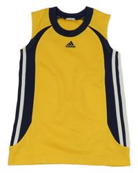 Žlto-tmavomodré športové funkčné tielko s pruhmi Adidas