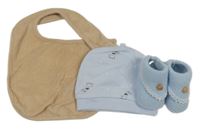 Nové - 3set - Béžový froté bryndák + světlemodrá čepice + modré pletené capáčky 