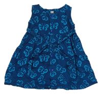 Tmavomodré plátenné košeľové šaty s motýlikmi