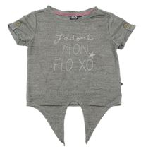 Sivé crop tričko s nápisom a zavazováním