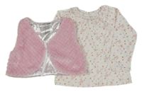 2set - Světlerůžová kožešinová podšitá vesta + bílé triko s hvězdičkami Ergee
