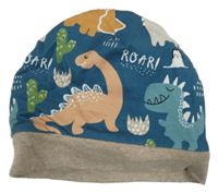 Petrolejová bavlněná oboustranná čepice s dinosaury