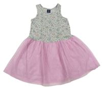 Sivo-ružové melírované bavlněno/tylové šaty s kvietkami GAP