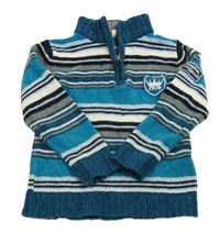 Modrozeleno-bielo-sivo-čierno-petrolejový pruhovaný žinylkový sveter s nášivkami C&A