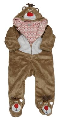 Hnědo-bílá chlupatá zateplená kombinéza s kapucí - sob Smile