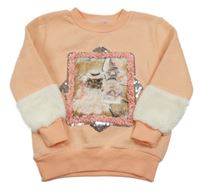 Marhuľová tepláková mikina s obrazem s dívkou a flitrami a kožešinou