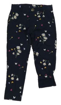 Tmavomodré zateplené tregíny s kytičkami a motýlky Kids